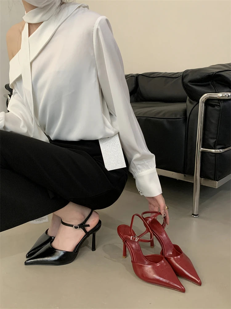 Patent Leather Pointed-Toe Slingback Pumps | Buckle Ankle Strap Stiletto Heels