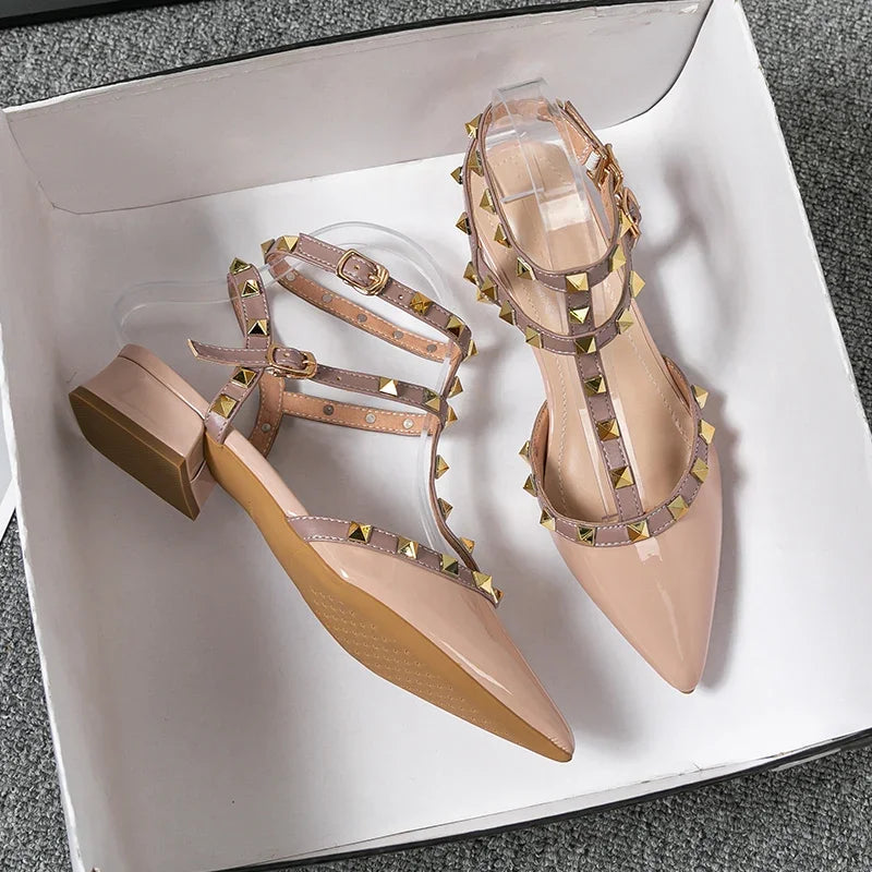 Rivet Strap Pointed-Toe Heeled Sandals | Square Heel