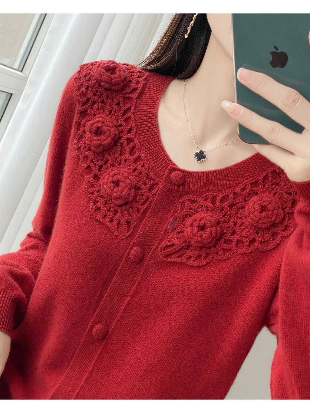 Crochet Floral Collar Cardigan | Button-Down Knit | 6 Colors, Sizes S–XXL
