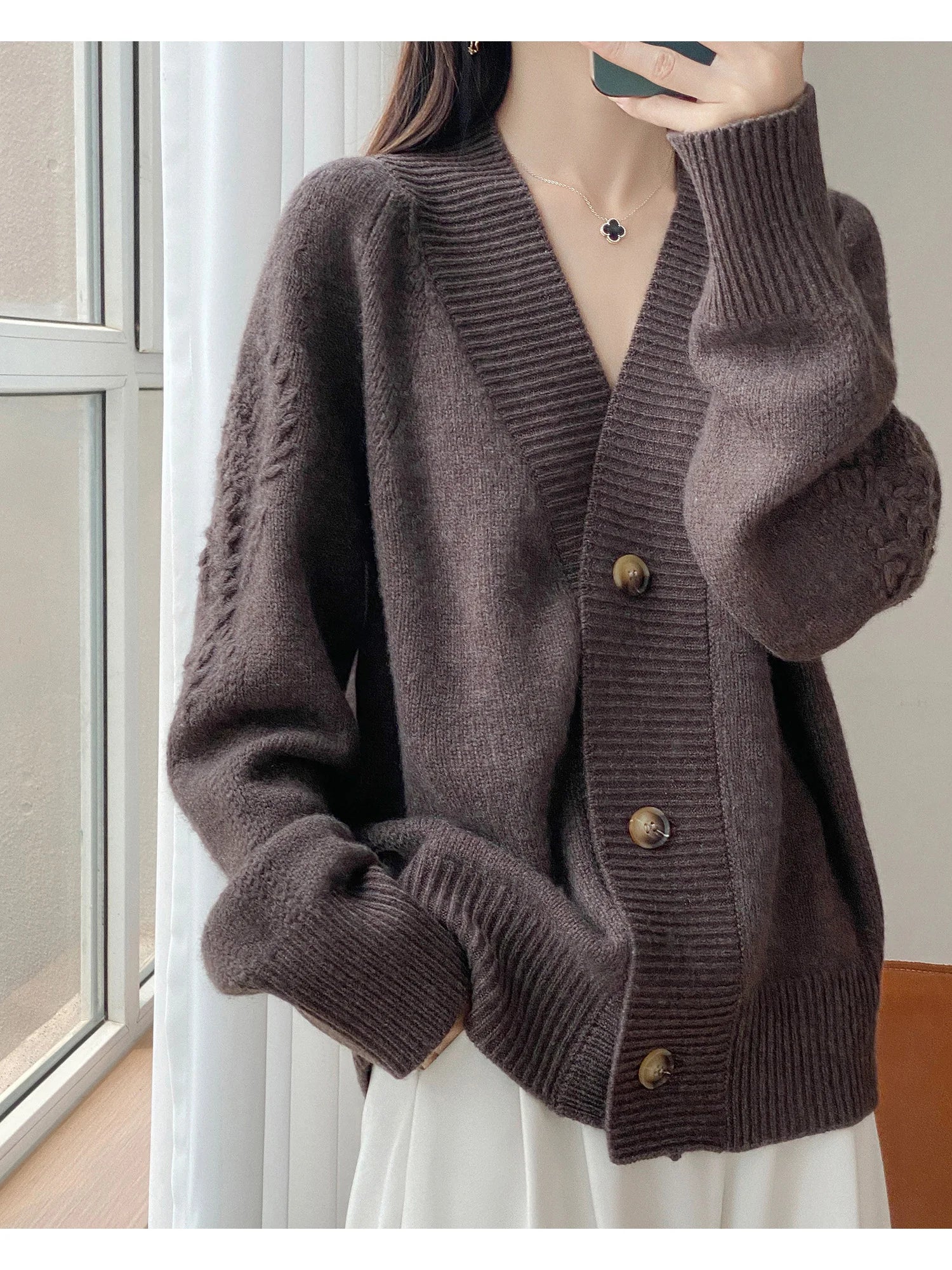 Wool V-Neck Cardigan | Cable Sleeve Detail, Oversized Fit | Women's