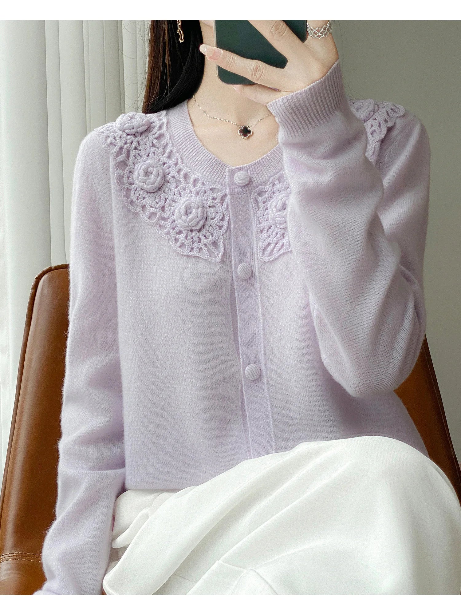 Crochet Floral Collar Cardigan | Button-Down Knit | 6 Colors, Sizes S–XXL