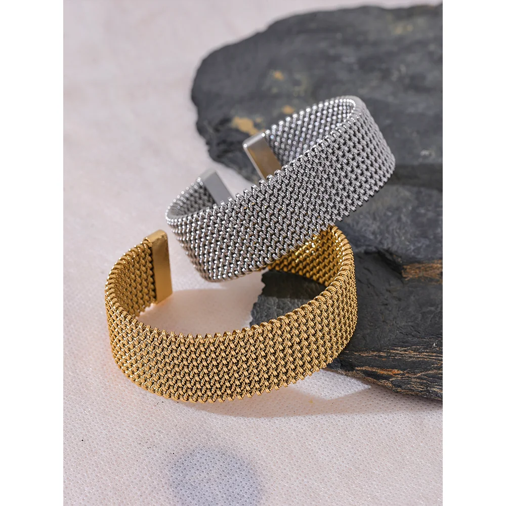 23mm Stainless Steel Geometric Open Cuff Bracelet | Gold & Platinum