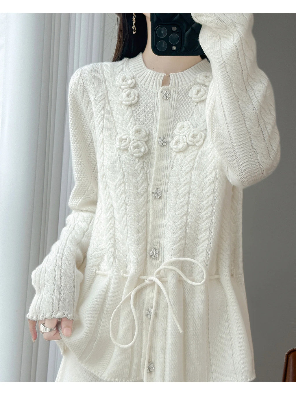 Floral Appliqué Cable-Knit Cardigan | Rhinestone Buttons, Drawstring Waist | 5 Colors, Sizes M–XXL