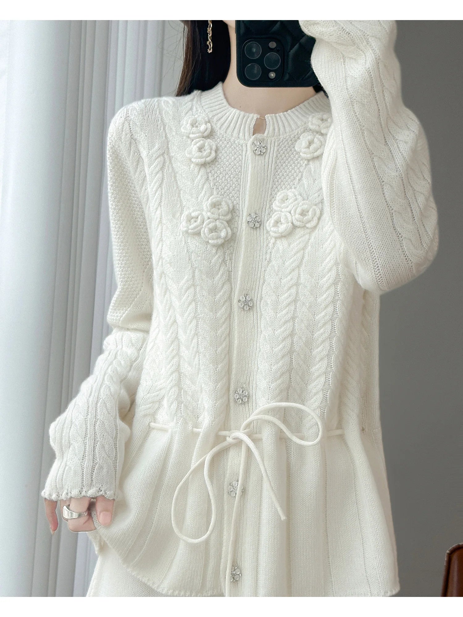 Floral Appliqué Cable-Knit Cardigan | Rhinestone Buttons, Drawstring Waist | 5 Colors, Sizes M–XXL