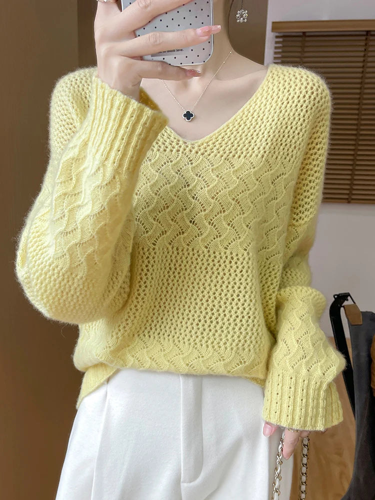 Wool V-Neck Pullover Sweater | Hollow Jacquard Knit | 8 Colors, Sizes M–XL