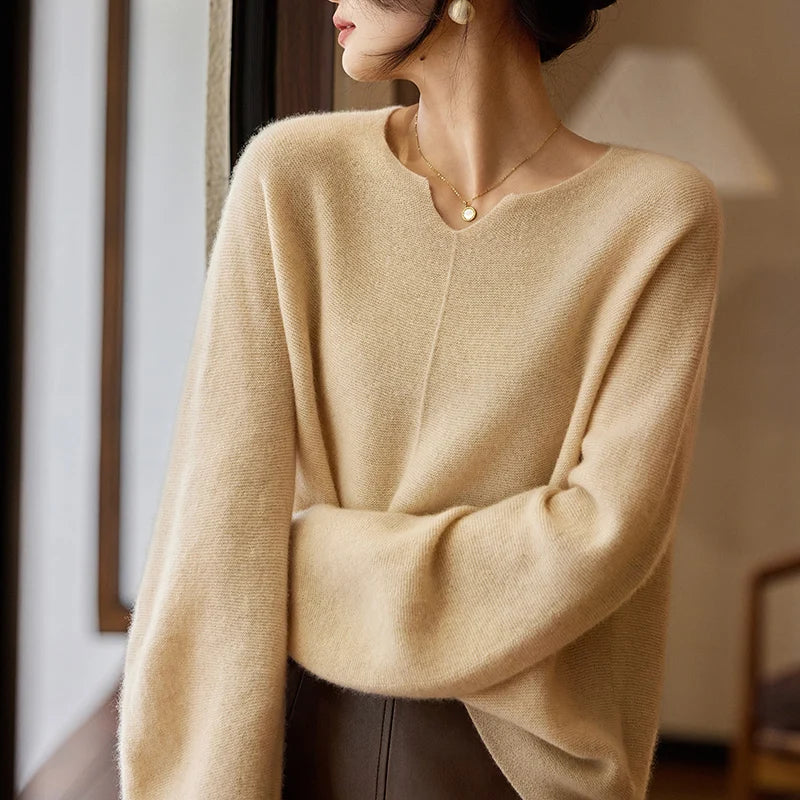 Women's Oversized Pure Wool Pullover Sweater | Notch Neck | Balloon Sleeves | 6 Colors