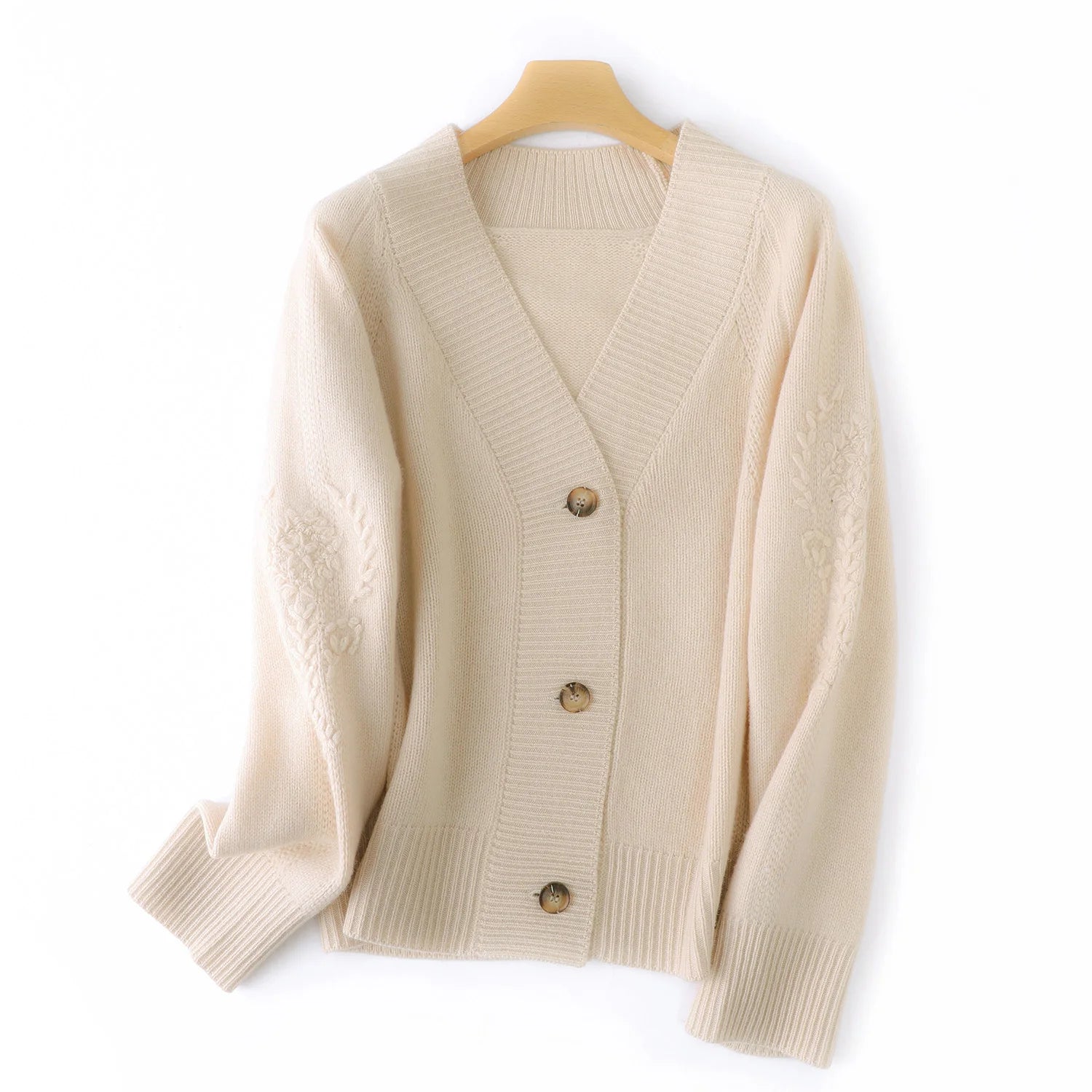Wool V-Neck Cardigan | Cable Sleeve Detail, Oversized Fit | Women's