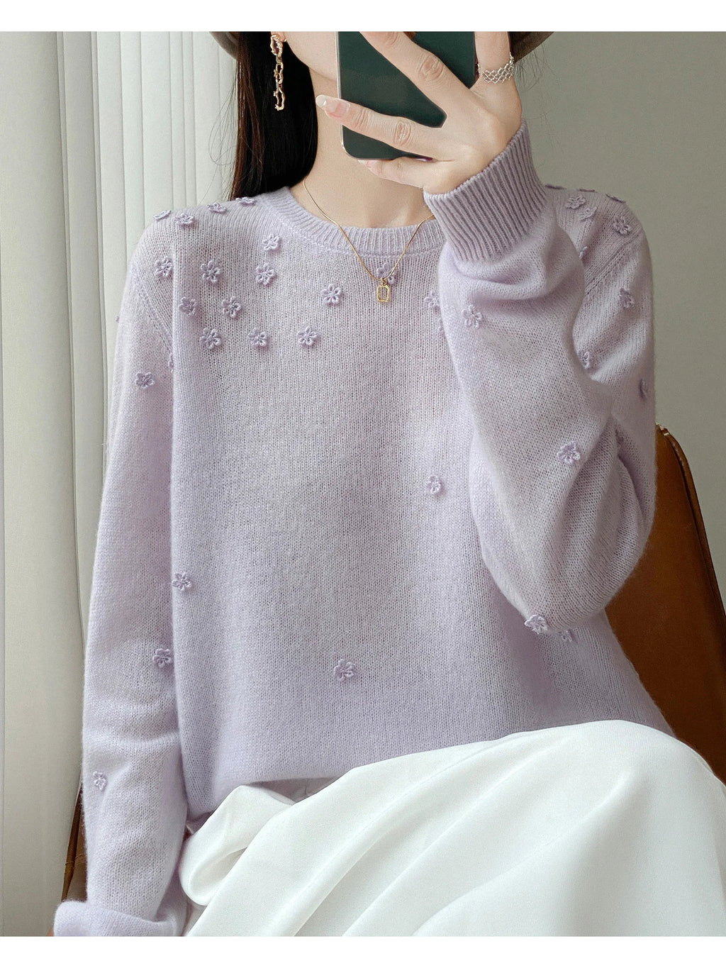 Wool Round Neck Pullover Sweater | Full-Body Floral Knit | 6 Colors, Sizes S–XXL