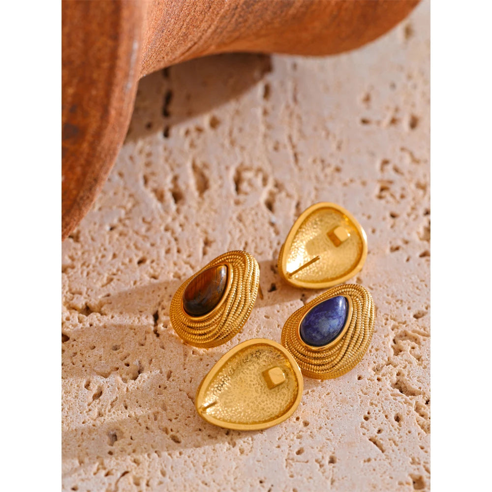 PVD Gold-Plated Stainless Steel Teardrop Stone Stud Earrings