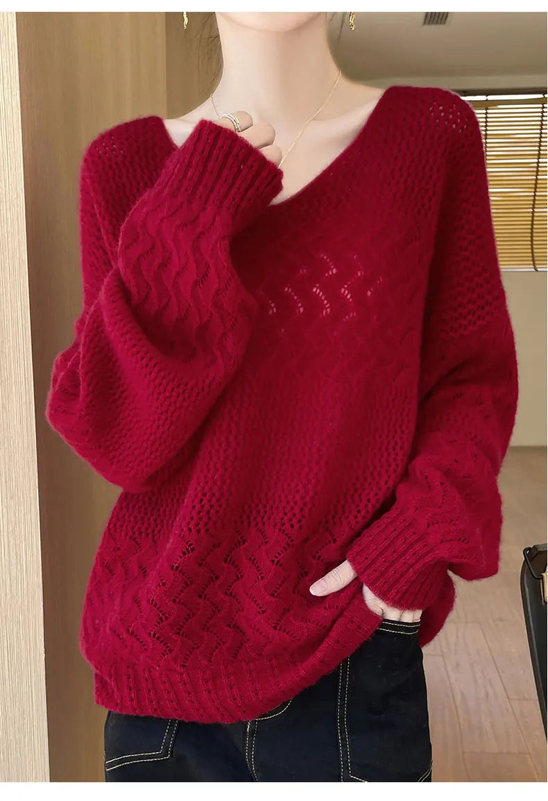 Wool V-Neck Pullover Sweater | Hollow Jacquard Knit | 8 Colors, Sizes M–XL