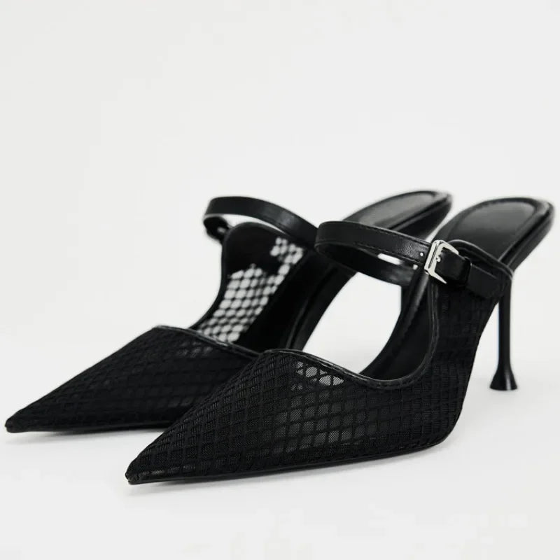 Pointed Toe Mesh Slingback Stiletto Mules — Black