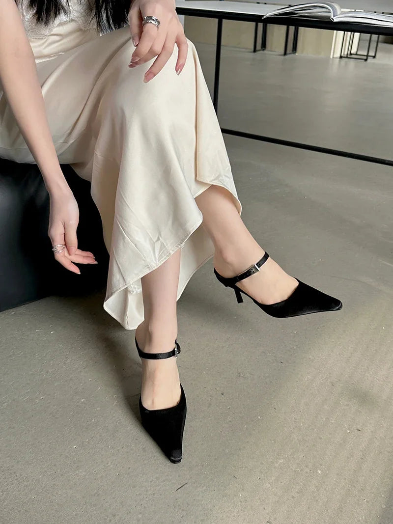 Pointed-Toe Strappy Slip-On Heels