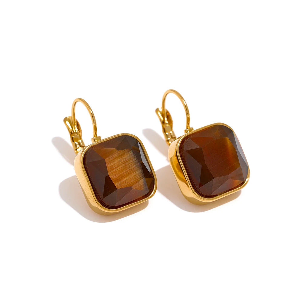 PVD Gold-Plated Stainless Steel Square Stone Hook Earrings