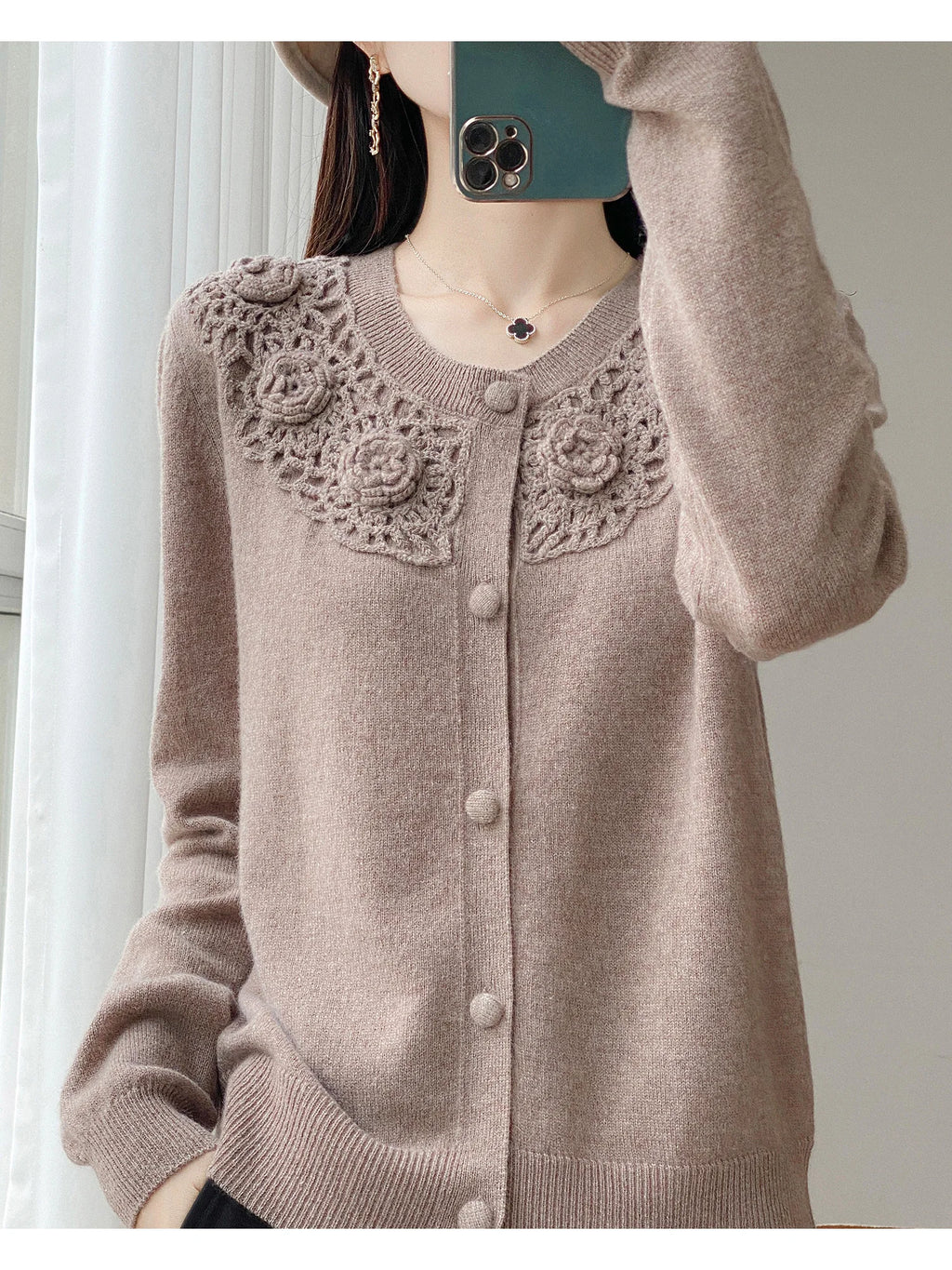 Crochet Floral Collar Cardigan | Button-Down Knit | 6 Colors, Sizes S–XXL