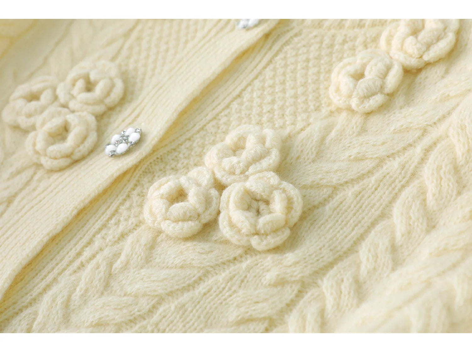 Floral Appliqué Cable-Knit Cardigan | Rhinestone Buttons, Drawstring Waist | 5 Colors, Sizes M–XXL