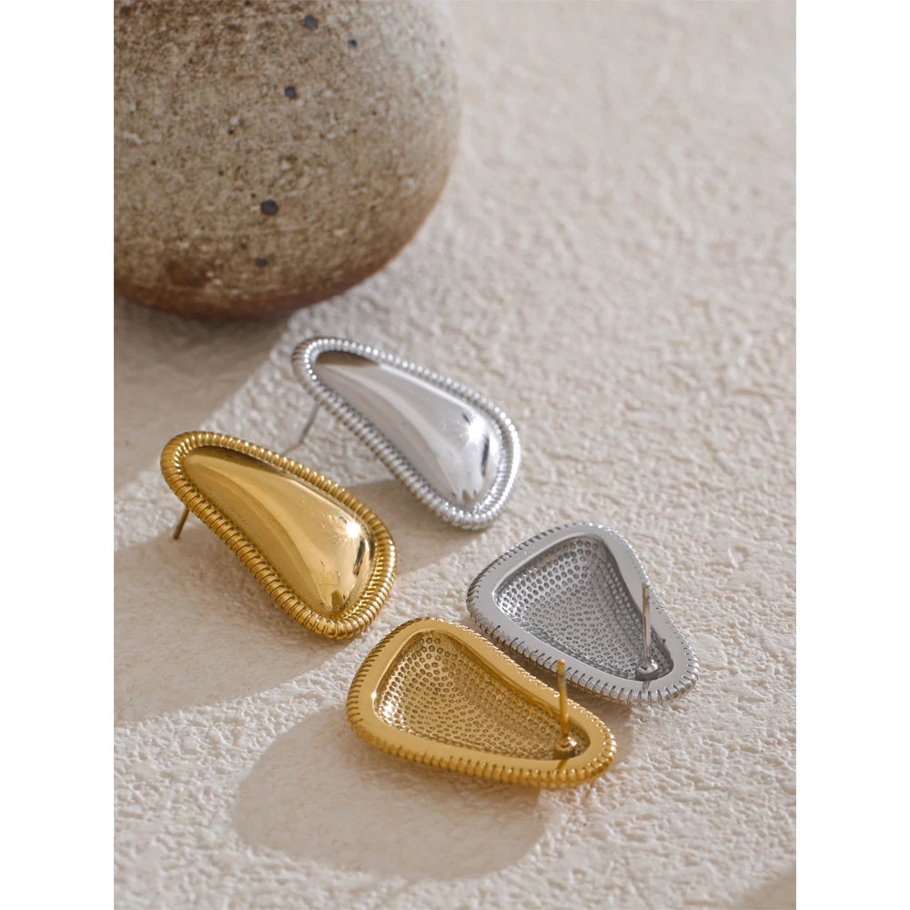 Rounded Triangle Stud Earrings - Stainless Steel Waterproof Non-Tarnish Geometric Ribbed Border Dome Post Earrings for Women (Platinum & Gold) | The PM Edit