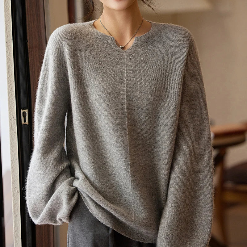 Women's Oversized Pure Wool Pullover Sweater | Notch Neck | Balloon Sleeves | 6 Colors