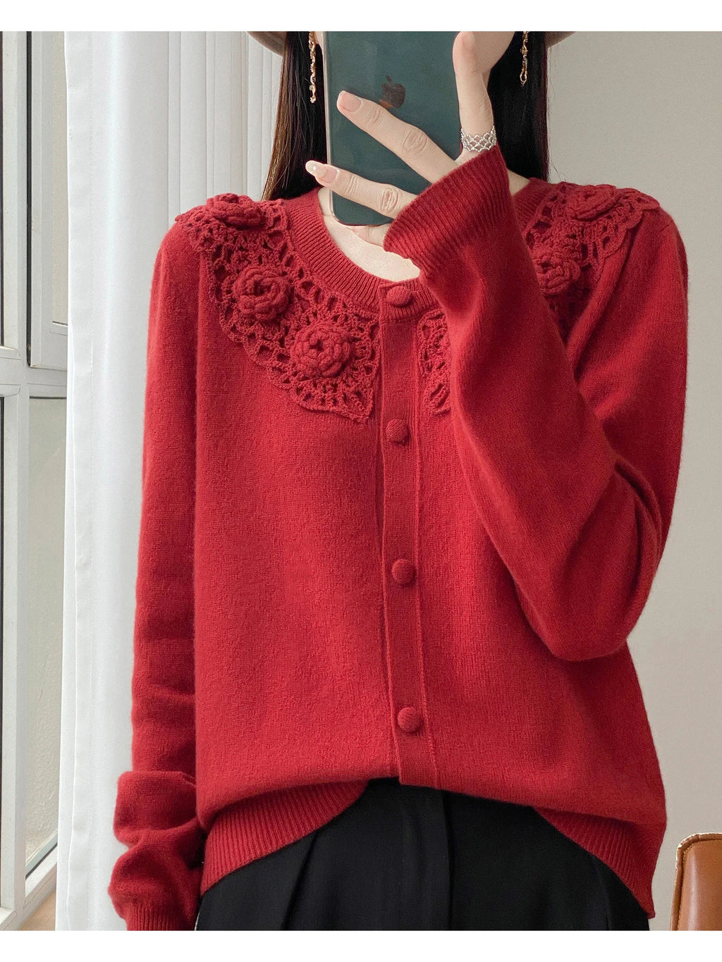 Crochet Floral Collar Cardigan | Button-Down Knit | 6 Colors, Sizes S–XXL