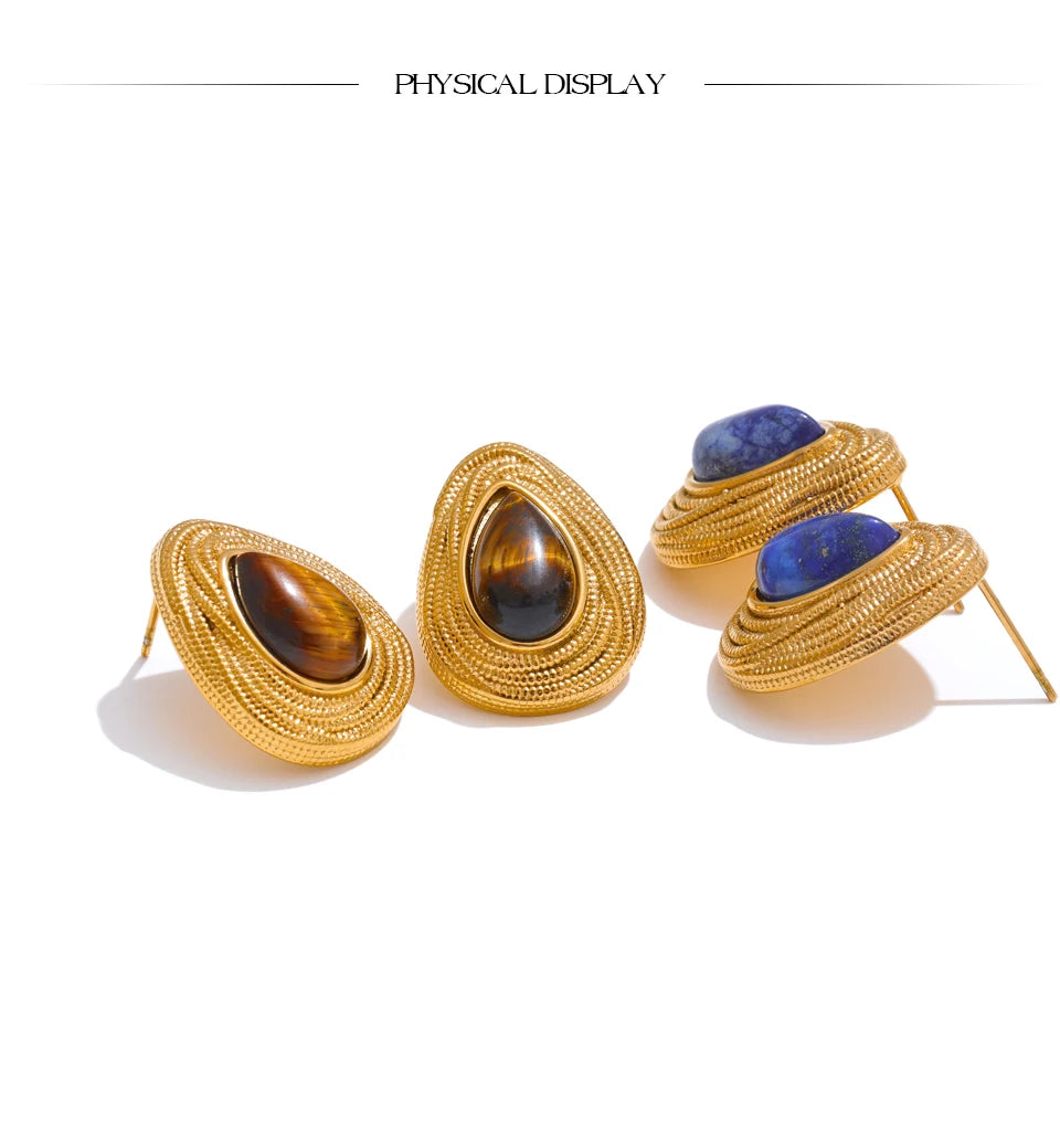 PVD Gold-Plated Stainless Steel Teardrop Stone Stud Earrings