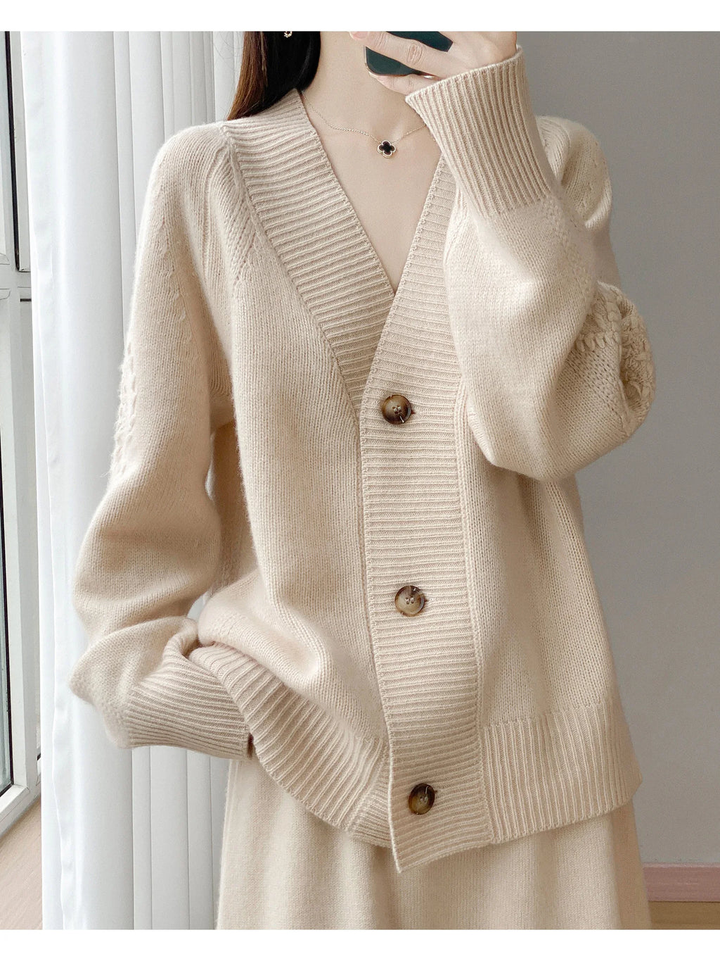 Wool V-Neck Cardigan | Cable Sleeve Detail, Oversized Fit | Women's