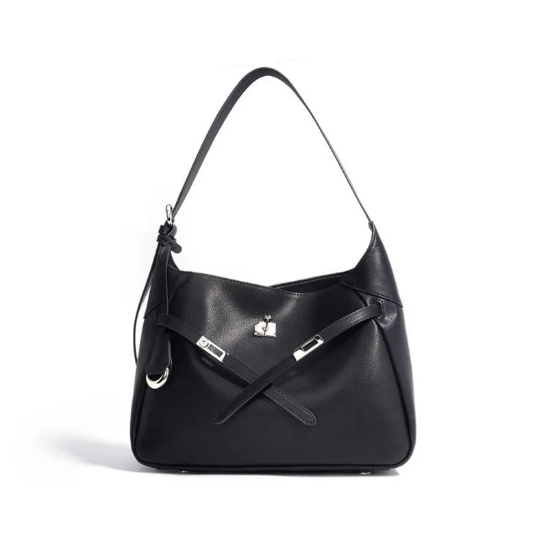 Buckle Cowhide Leather Baguette Shoulder Bag | Underarm Tote