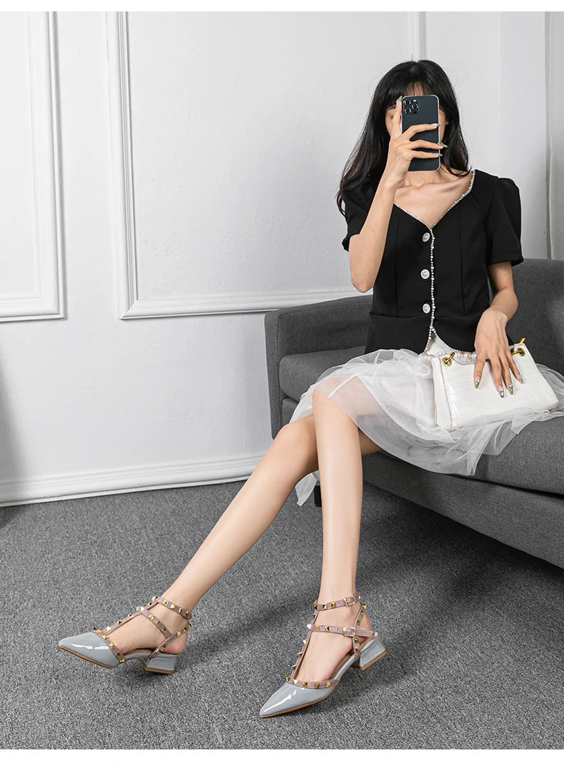 Rivet Strap Pointed-Toe Heeled Sandals | Square Heel