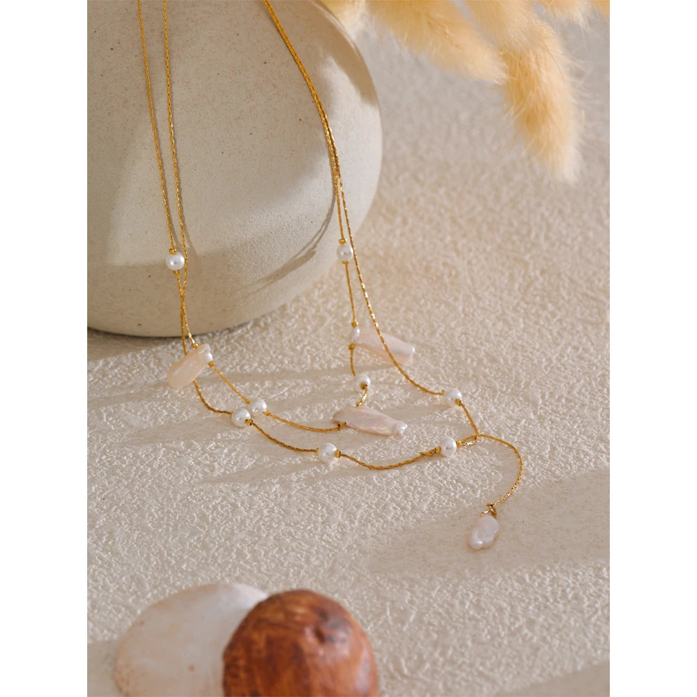 Layered Baroque Freshwater Pearl Lariat Necklace | Double Gold Chain