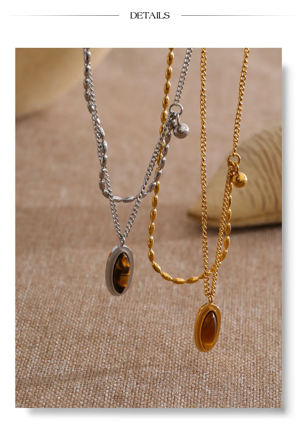 Layered Double Chain Necklace with Tiger's Eye Pendant | Gold & Silver