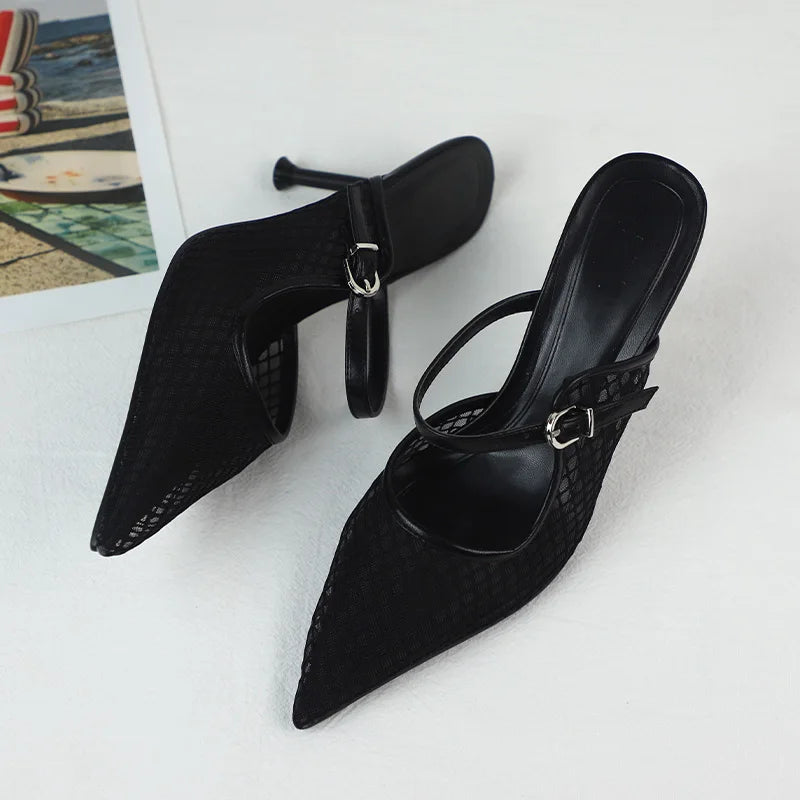 Pointed Toe Mesh Slingback Stiletto Mules — Black
