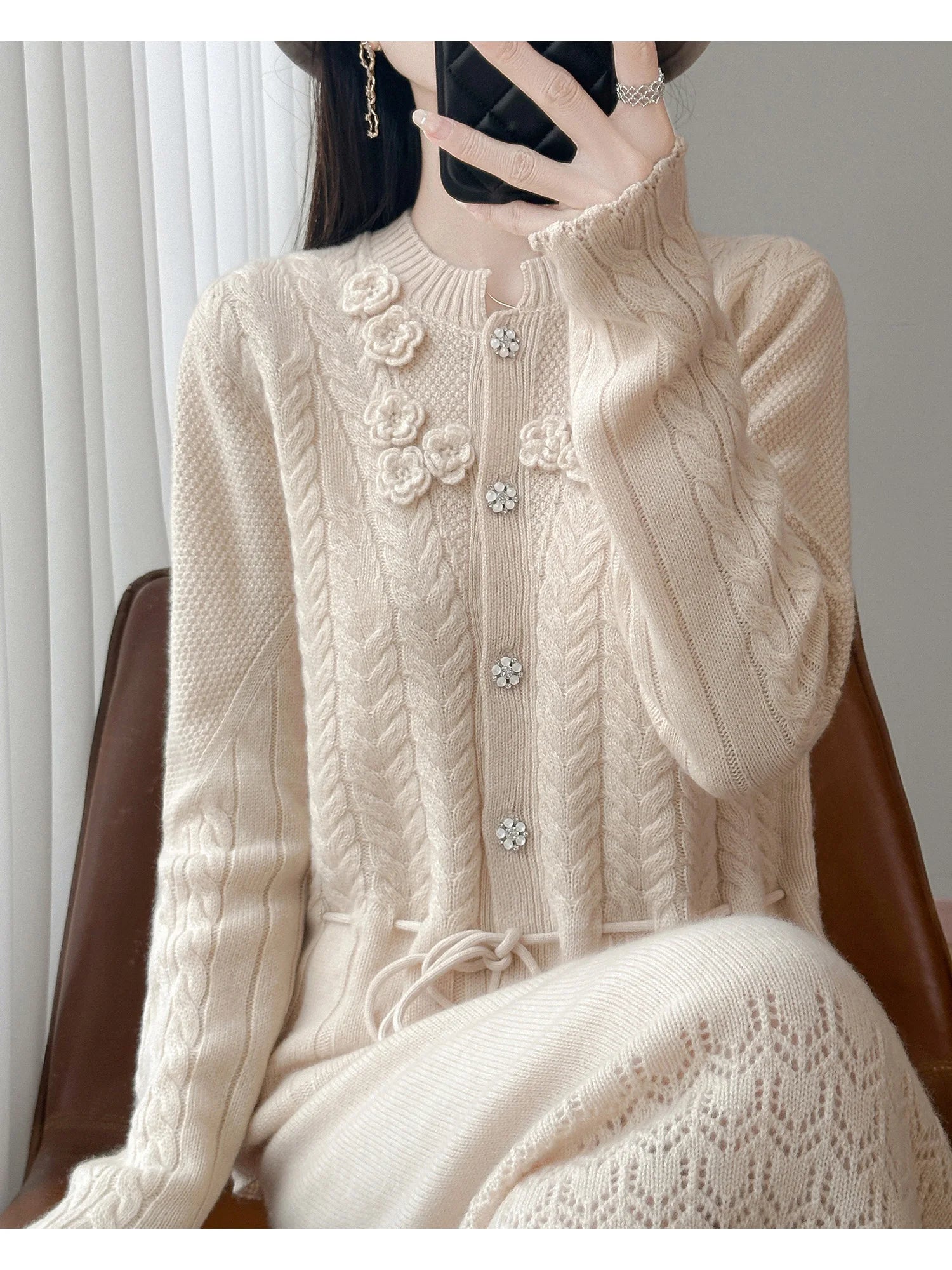 Floral Appliqué Cable-Knit Cardigan | Rhinestone Buttons, Drawstring Waist | 5 Colors, Sizes M–XXL