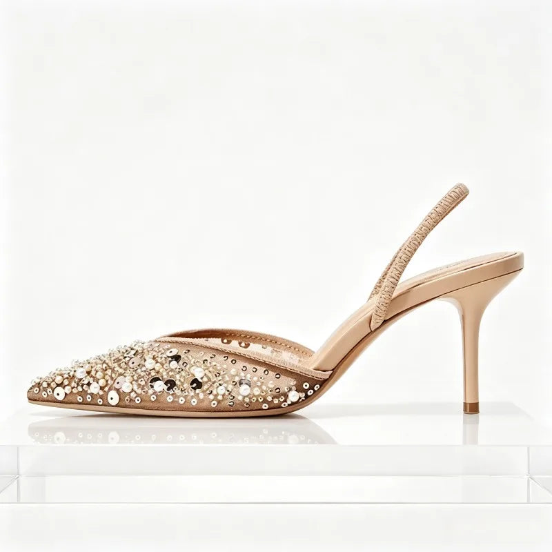 Beaded Mesh Slingback Pumps | Pointed-Toe High Heels