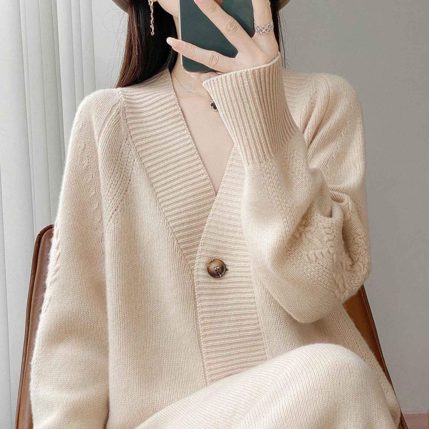 Wool V-Neck Cardigan | Cable Sleeve Detail, Oversized Fit | Women's