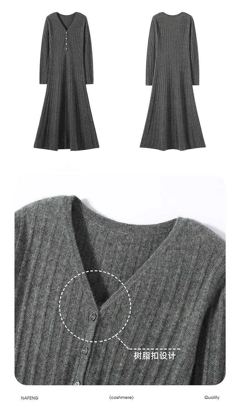 Cashmere V-Neck Button Midi Dress | Ribbed Knit, Sizes M–XL