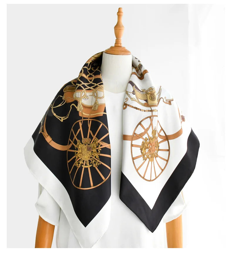 Equestrian Wheel Print Silk Shawl Scarf | 90x90cm