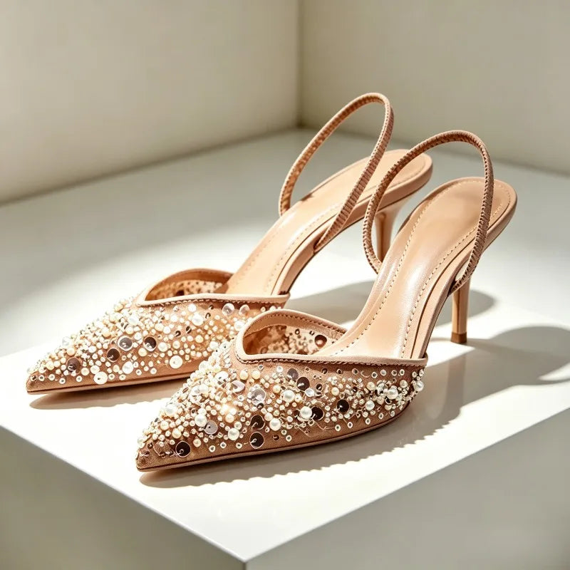 Beaded Mesh Slingback Pumps | Pointed-Toe High Heels