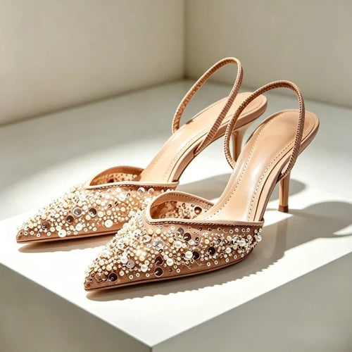 Beaded Mesh Slingback Pumps | Pointed-Toe High Heels - The PM Edit