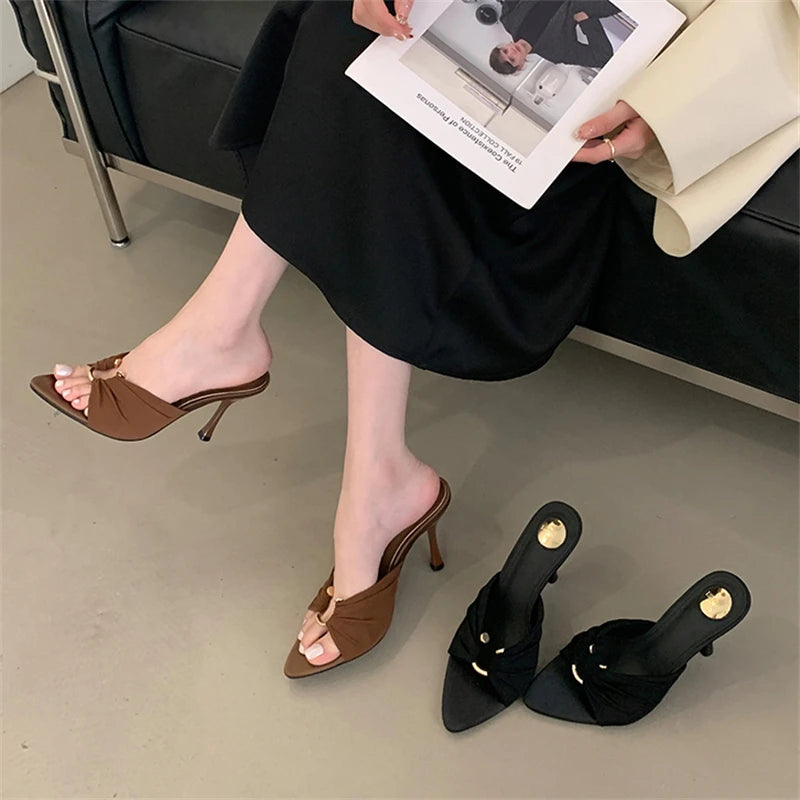 Knotted Silk Stiletto Mule Heels | Pointed Toe | Black & Brown