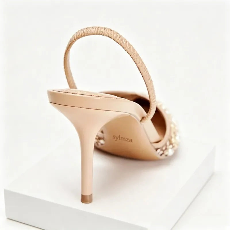 Beaded Mesh Slingback Pumps | Pointed-Toe High Heels
