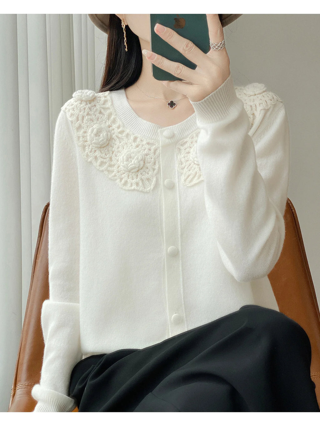 Crochet Floral Collar Cardigan | Button-Down Knit | 6 Colors, Sizes S–XXL