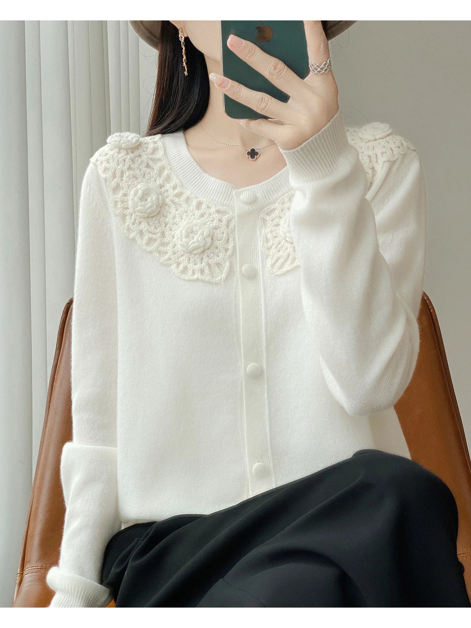 Crochet Floral Collar Cardigan | Button-Down Knit | 6 Colors, Sizes S–XXL