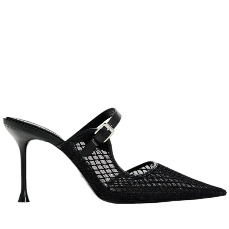 Pointed Toe Mesh Slingback Stiletto Mules — Black