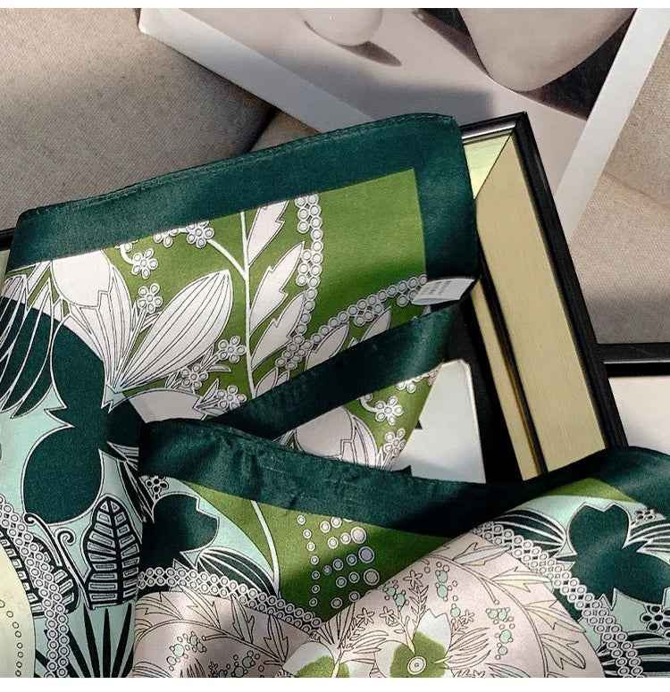 Green Botanical Print Silk Square Scarf | 68x68cm