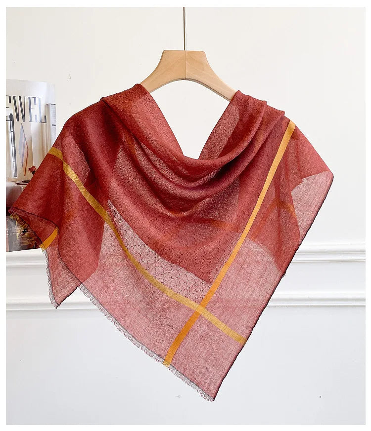 Cashmere Square Scarf | Geometric Grid Pattern, Double-Sided | 65x65cm