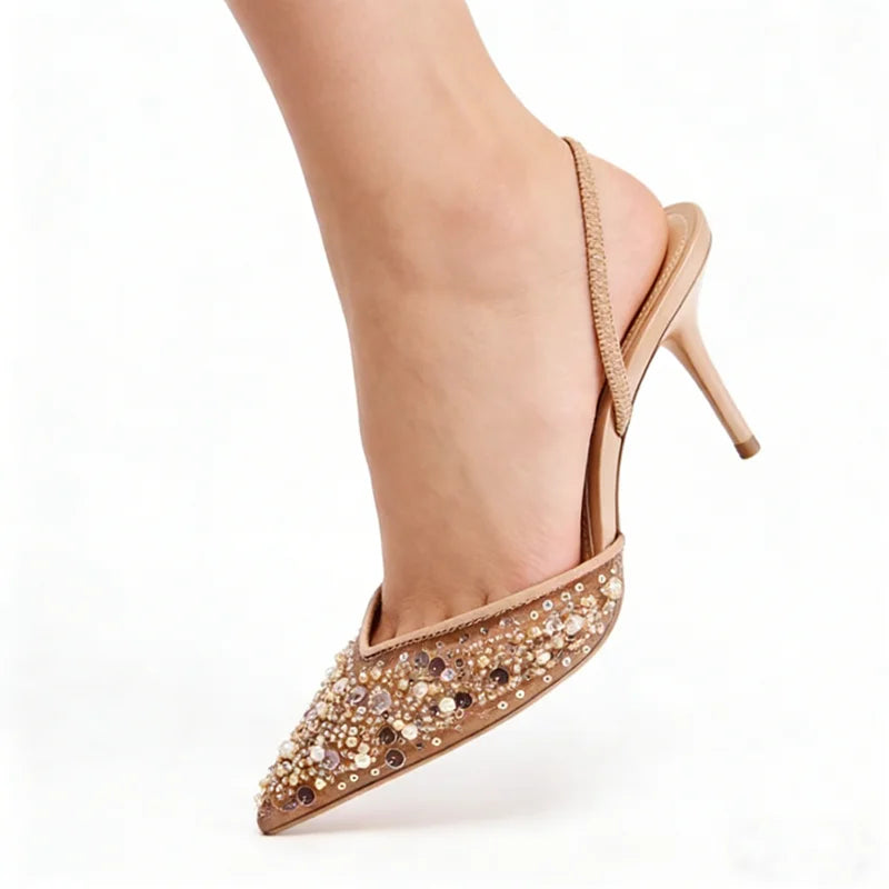 Beaded Mesh Slingback Pumps | Pointed-Toe High Heels
