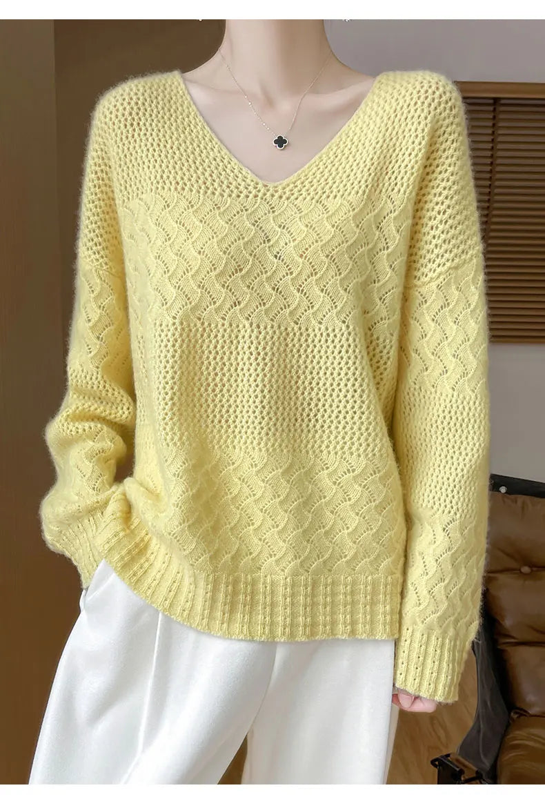 Wool V-Neck Pullover Sweater | Hollow Jacquard Knit | 8 Colors, Sizes M–XL