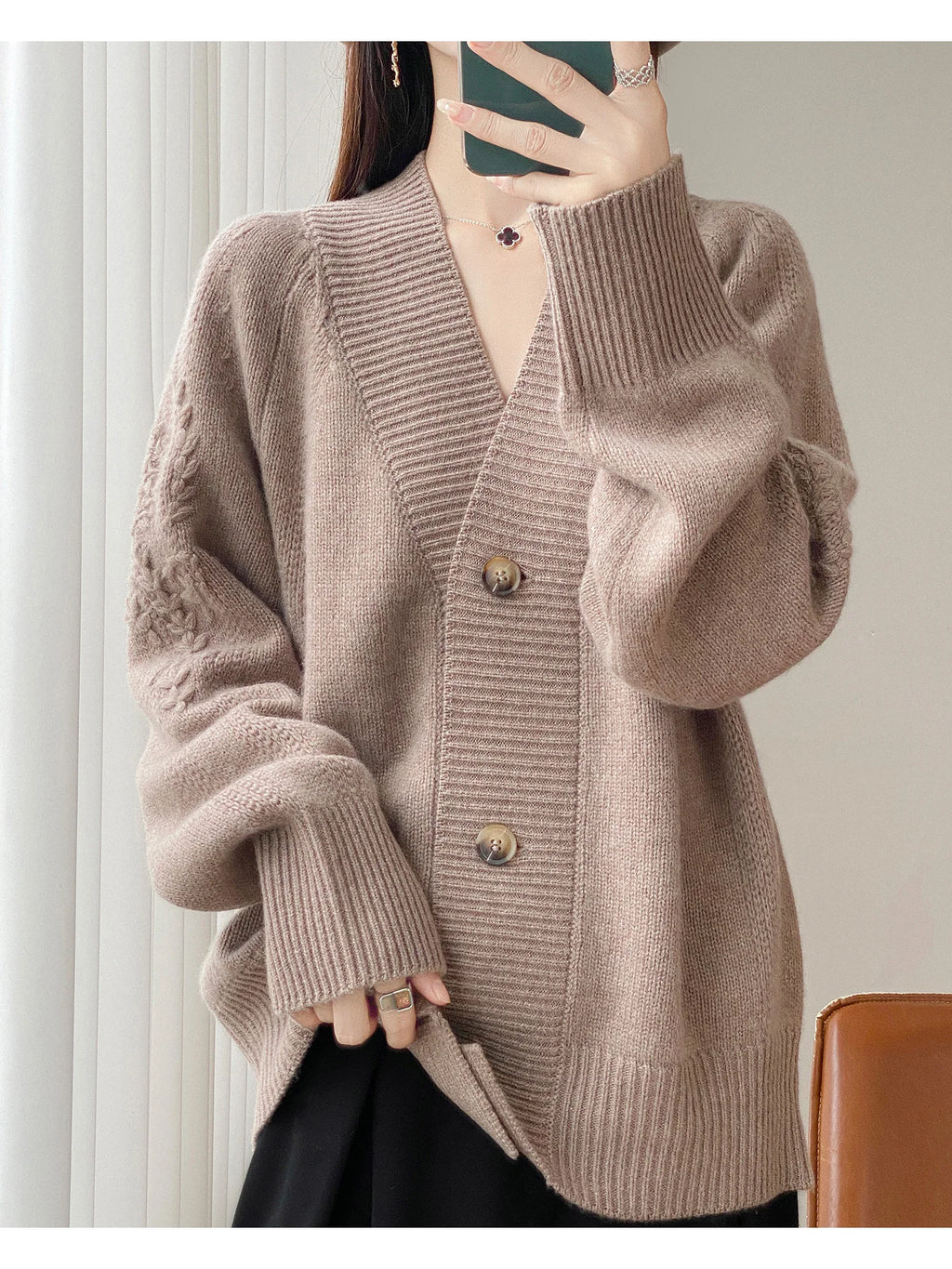 Wool V-Neck Cardigan | Cable Sleeve Detail, Oversized Fit | Women's
