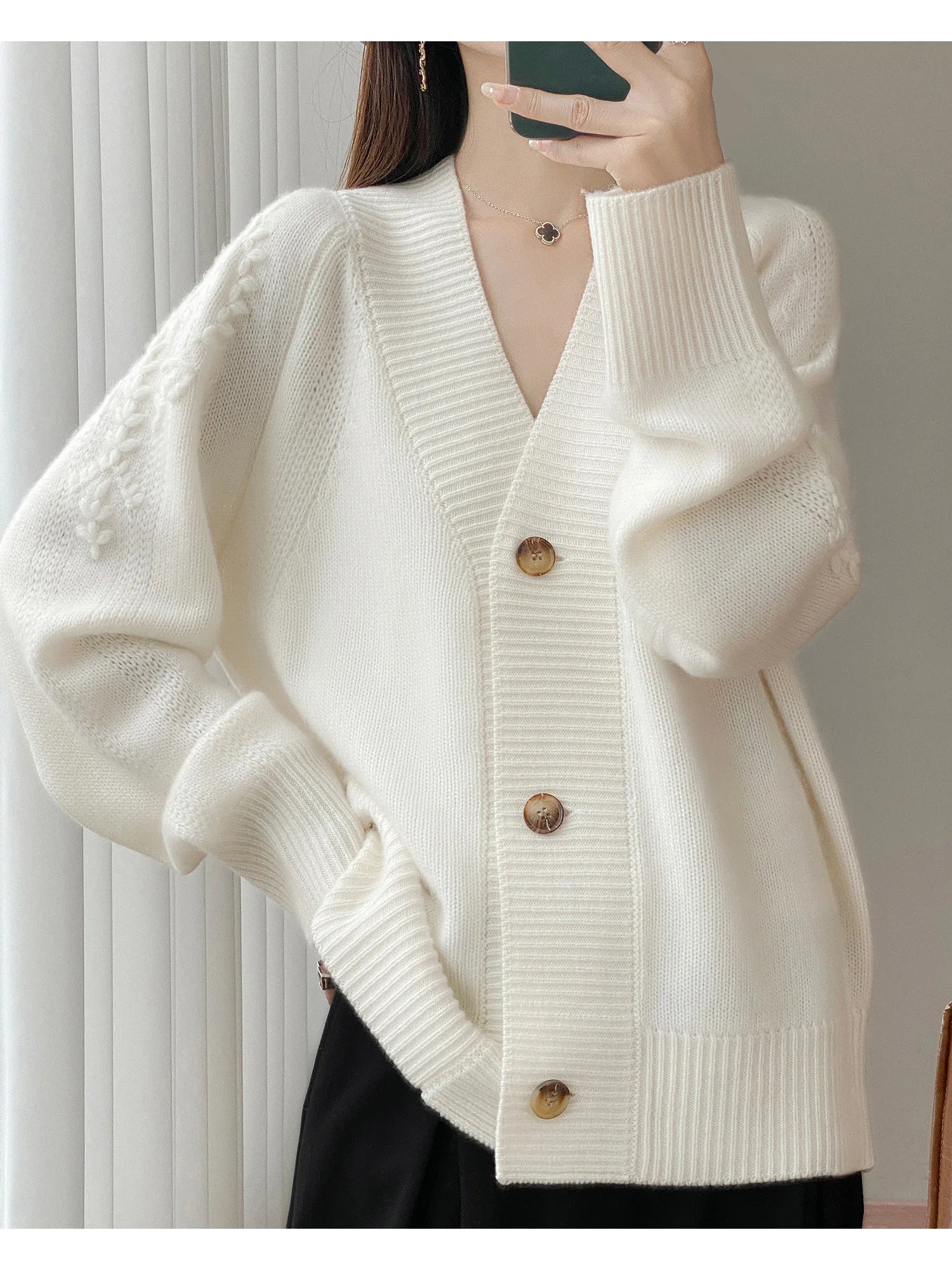 Wool V-Neck Cardigan | Cable Sleeve Detail, Oversized Fit | Women's
