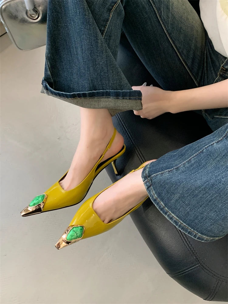 Diamond Inlay Pointed Toe Slingback Heels