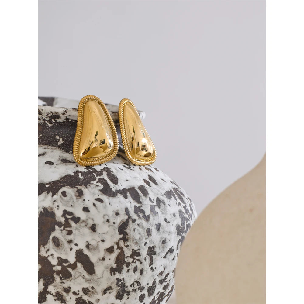 Rounded Triangle Stud Earrings - Stainless Steel Waterproof Non-Tarnish Geometric Ribbed Border Dome Post Earrings for Women (Platinum & Gold) | The PM Edit