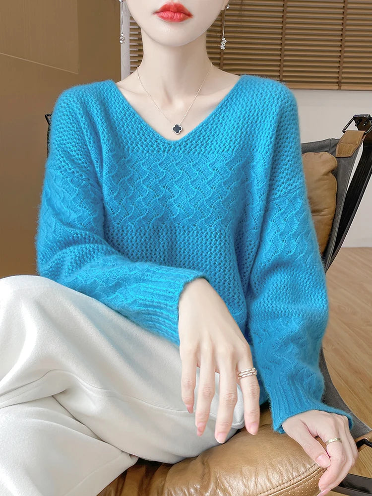 Wool V-Neck Pullover Sweater | Hollow Jacquard Knit | 8 Colors, Sizes M–XL